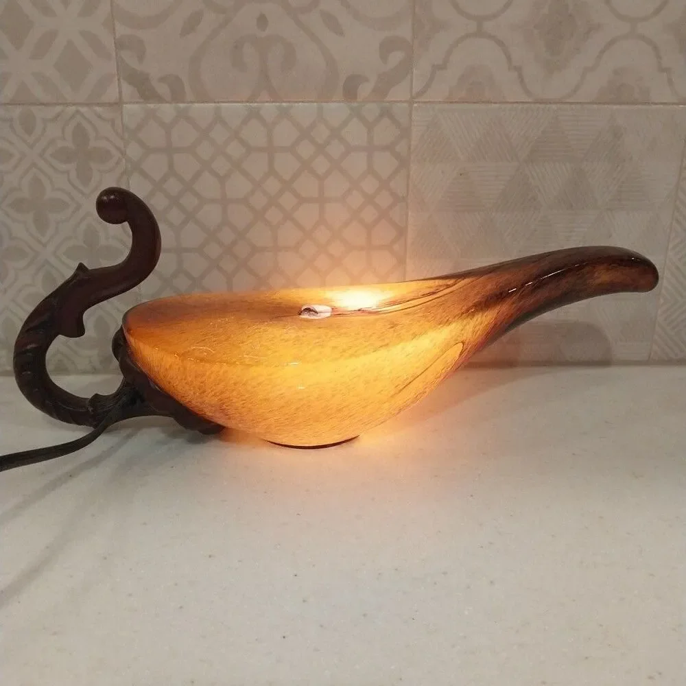 Vintage Aladdin Style Stained Glass Accent Lamp Resin Scroll Handle 12.5